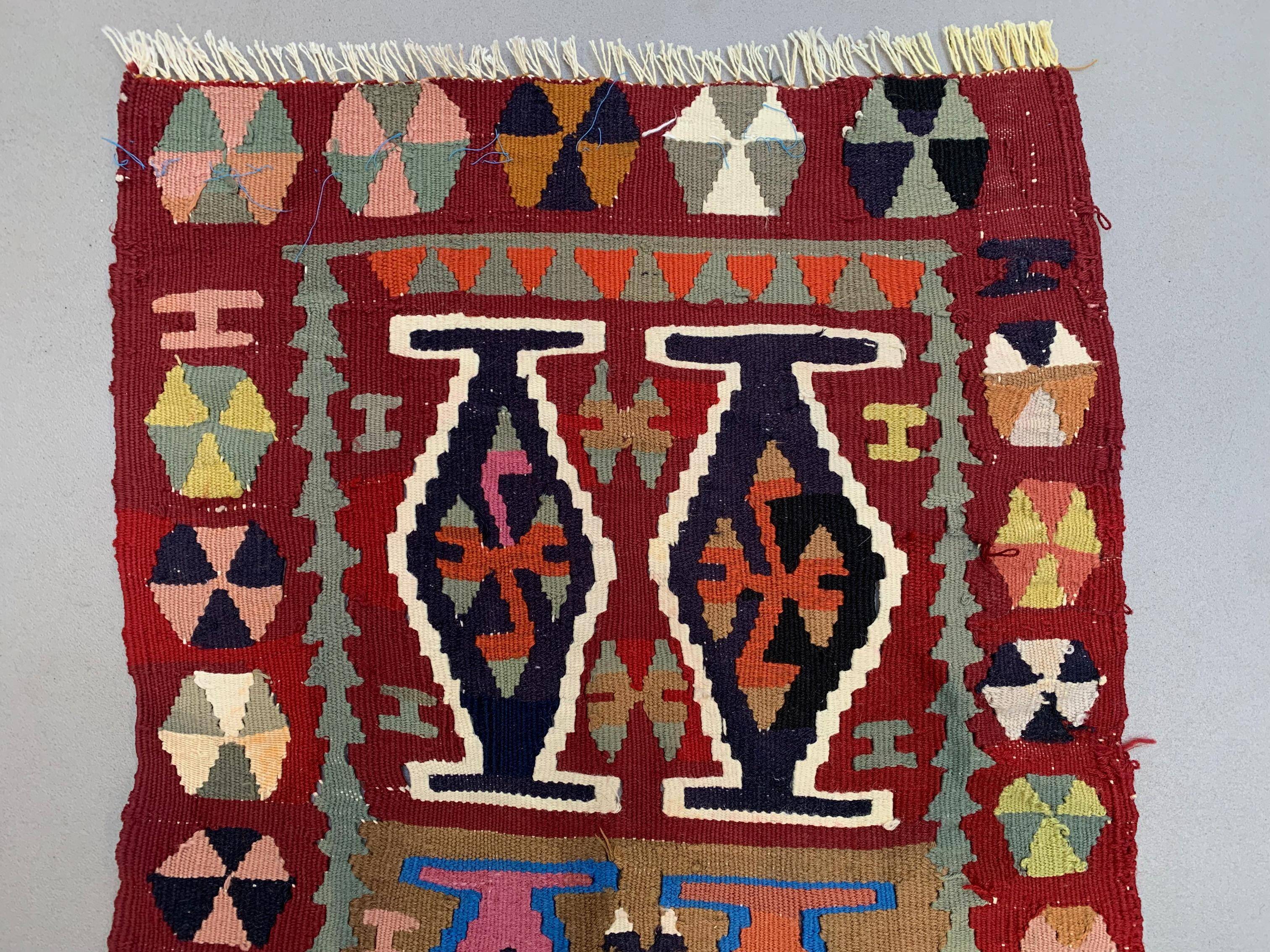 Vintage Turkish Mini Kilim 93x49 cm Wool Small Kelim Runner, shabby Chic