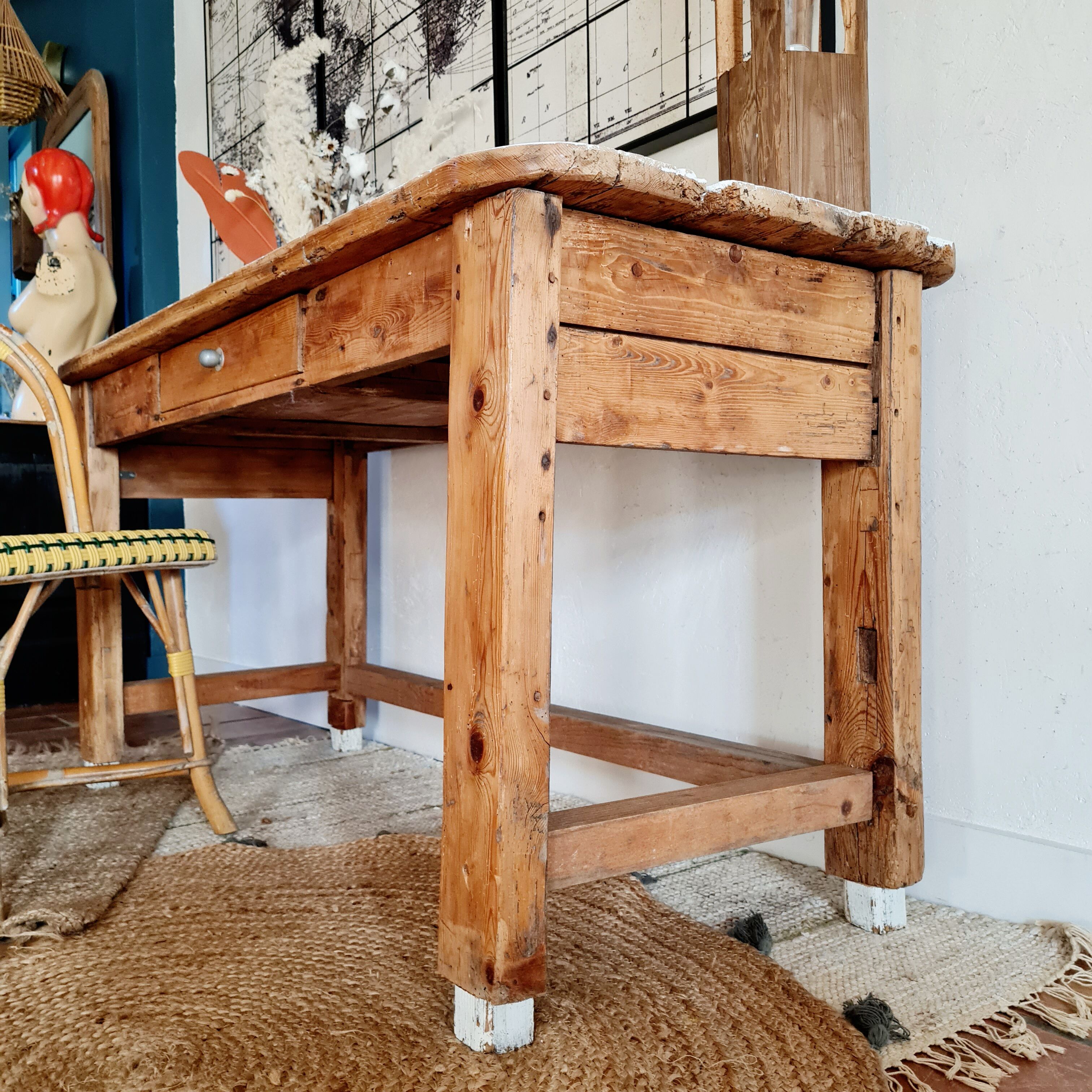 Table d'atelier bureau de métier en bois 1 tiroir plateau blanc
