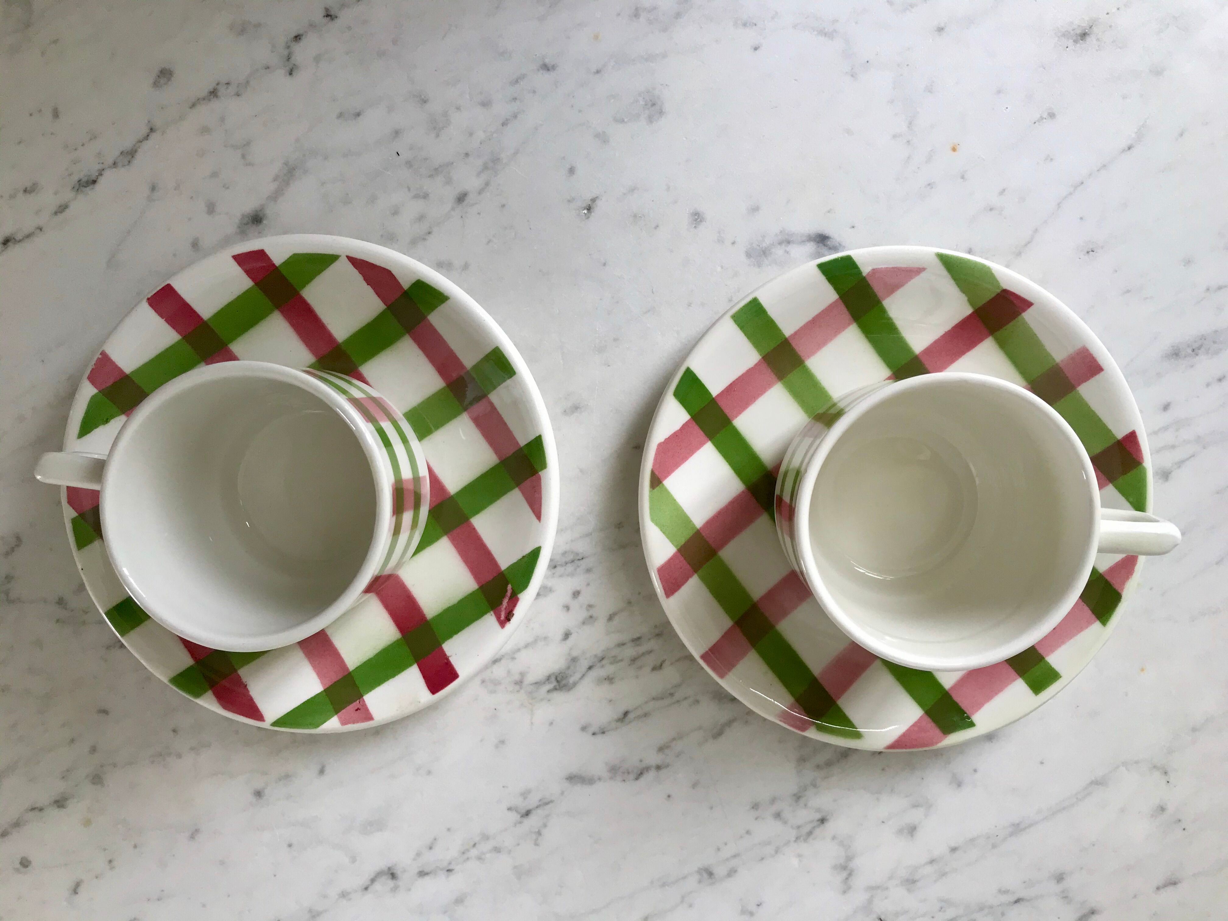 Duo de tasses et sous-tasses à café motif écossais / vichy années 50