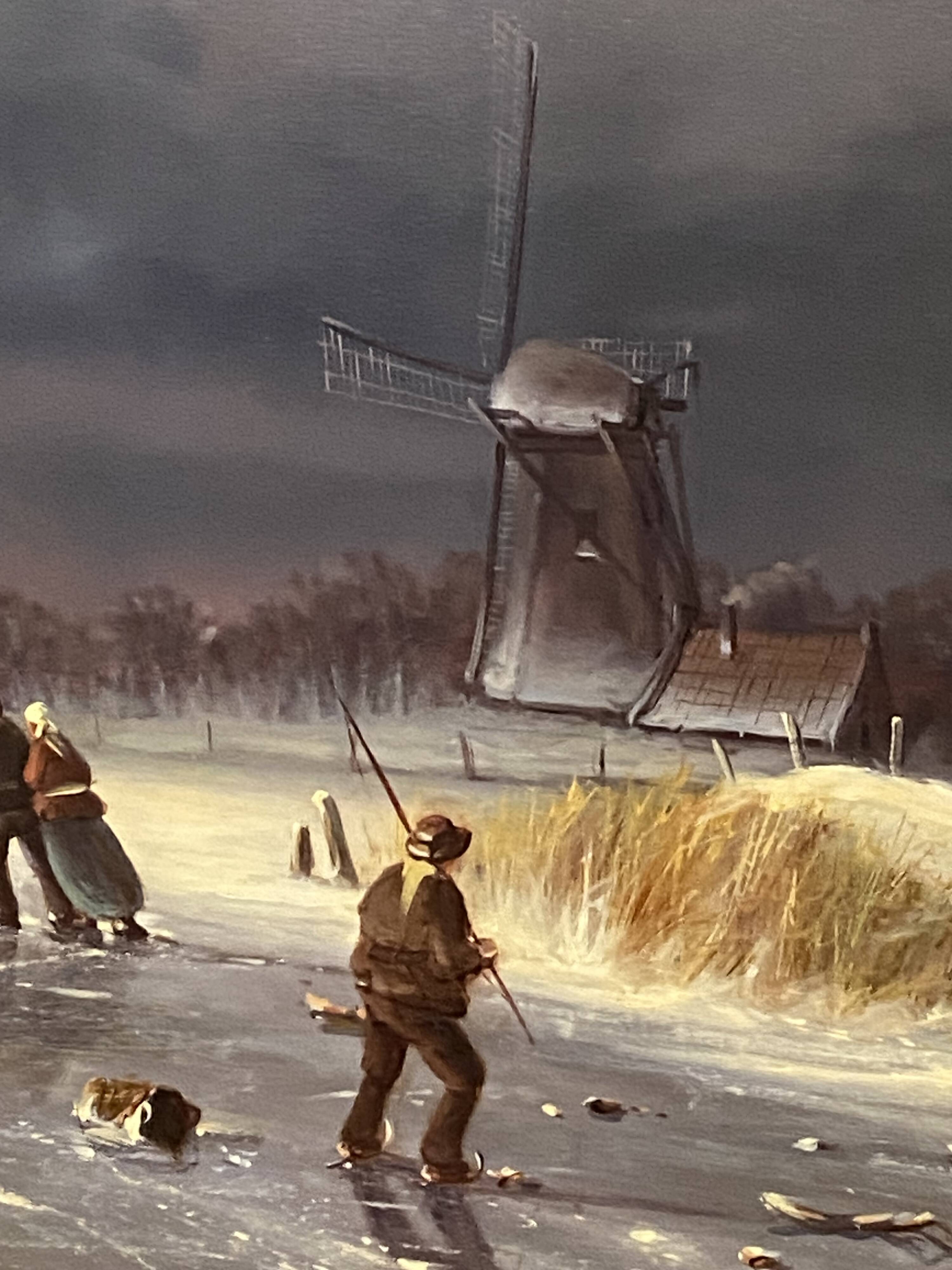 Huge oil painting on canvas Dutch school winter landscape 164x132
