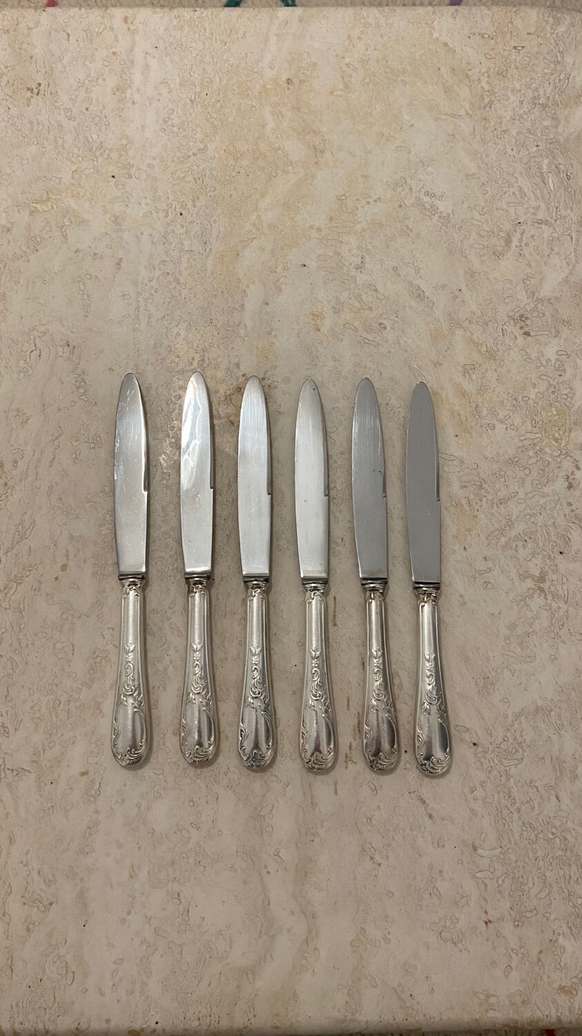 Set of 6 large vintage silver metal knives