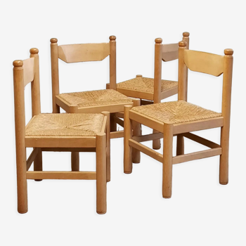 Set of 4 wood and rush chairs, 1970s