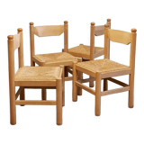 Ensemble de 4 chaises en bois et jonc, années 1970