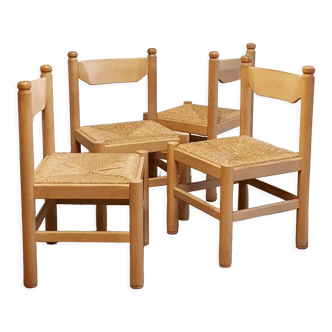 Set of 4 wood and rush chairs, 1970s