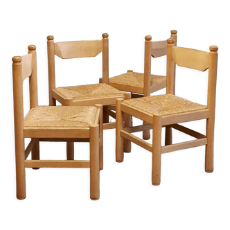 Ensemble de 4 chaises en bois et jonc, années 1970