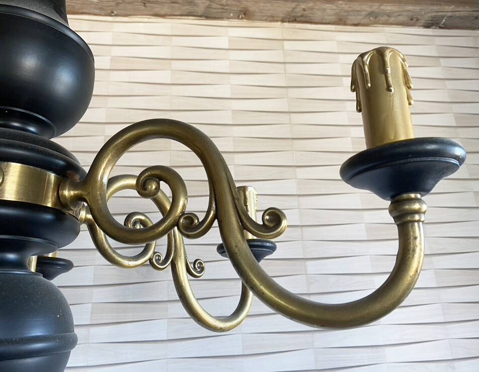 Wood and brass pendant light, black and gold, vintage, 60s.