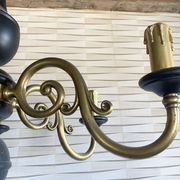 Wood and brass pendant light, black and gold, vintage, 60s.