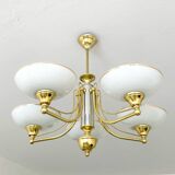 Lustre vintage en laiton & verre opalin – 5 branches – 60 × 54 cm