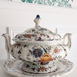 Rare - Earthenware soup tureen HB Quaregnon, floral decoration signed Hubert Becquet