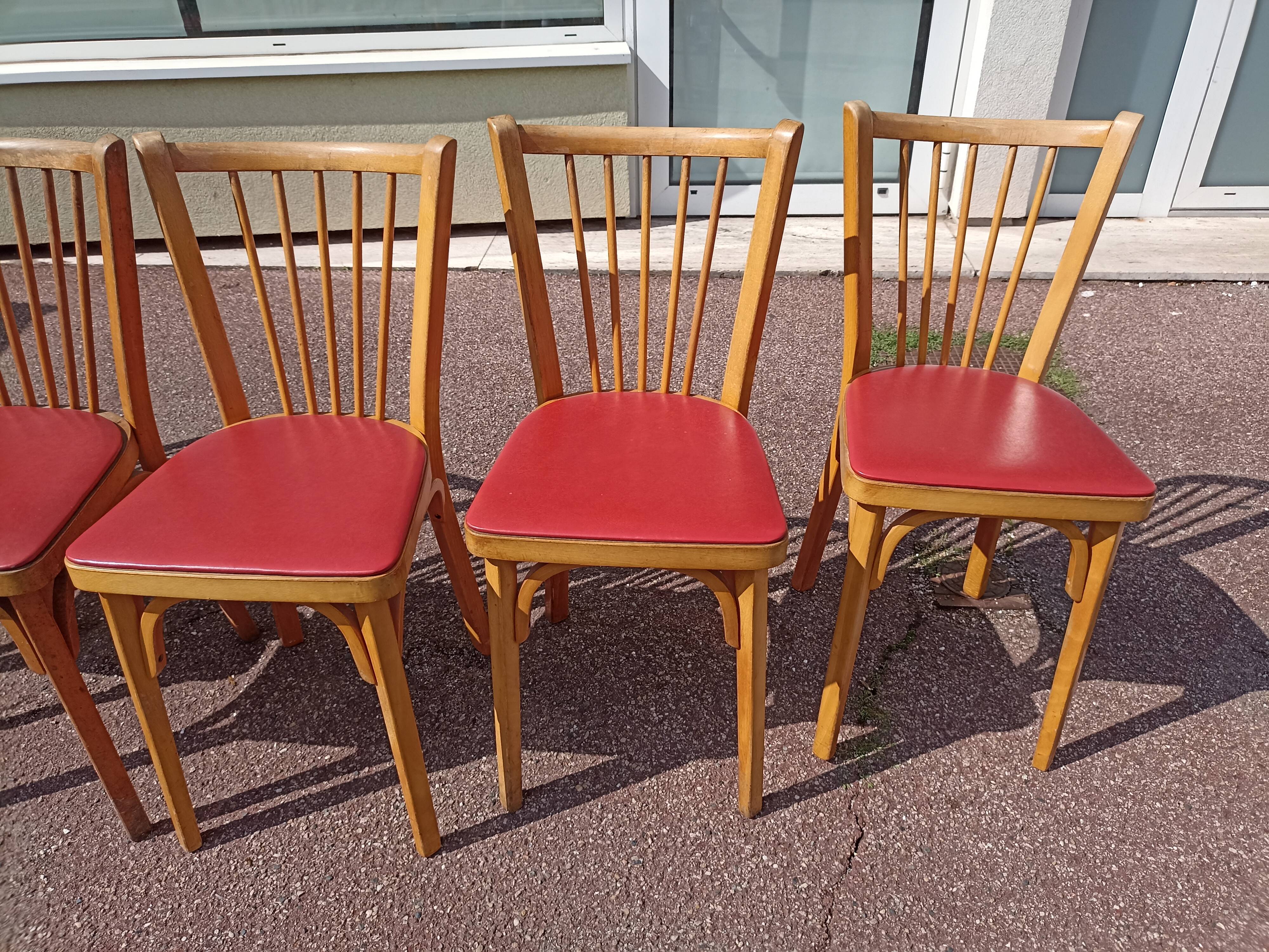 6 baumann bistro chairs wood and skaï red - vintage