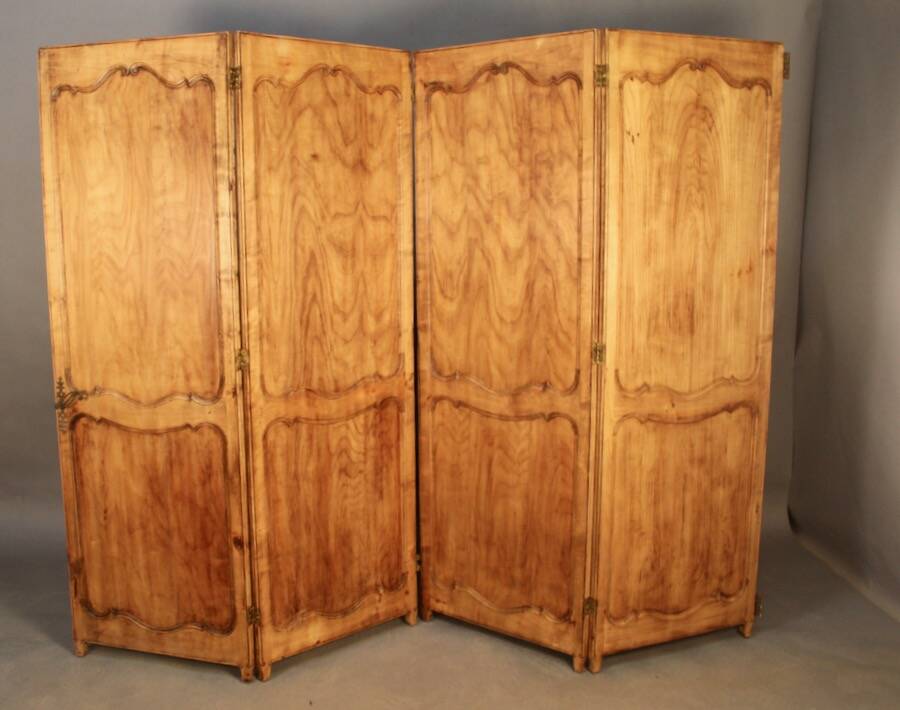 Large cherry wood folding screen with four double-sided panels.