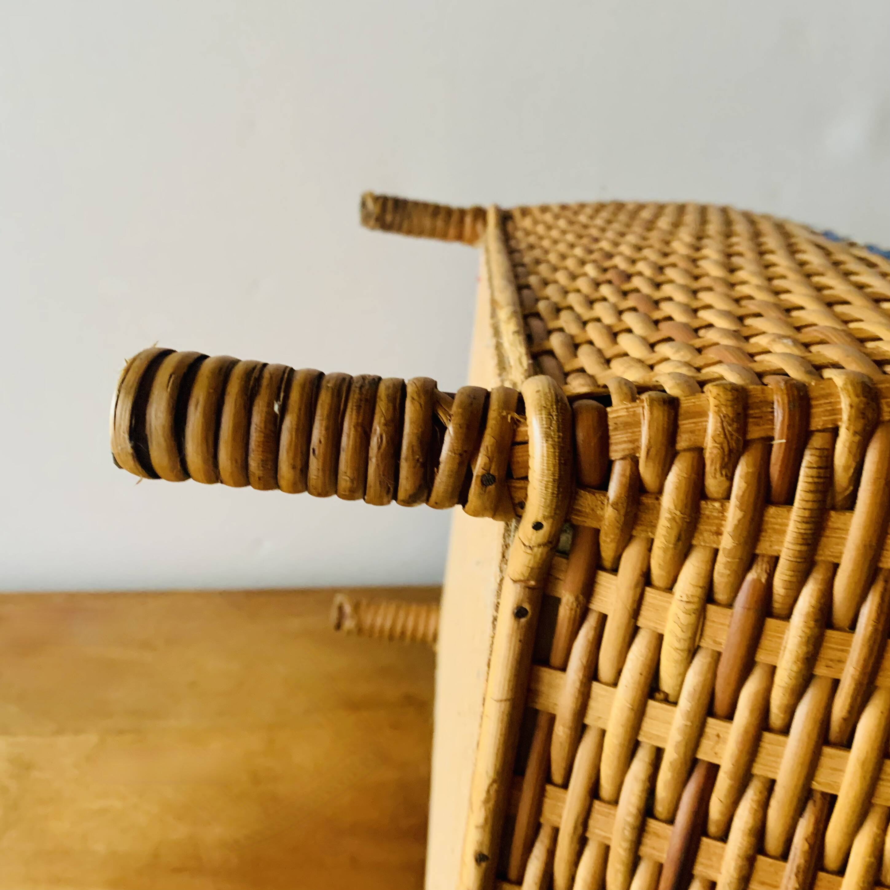 Large vintage rattan and wicker sewing basket with fabric seat