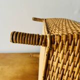 Large vintage rattan and wicker sewing basket with fabric seat