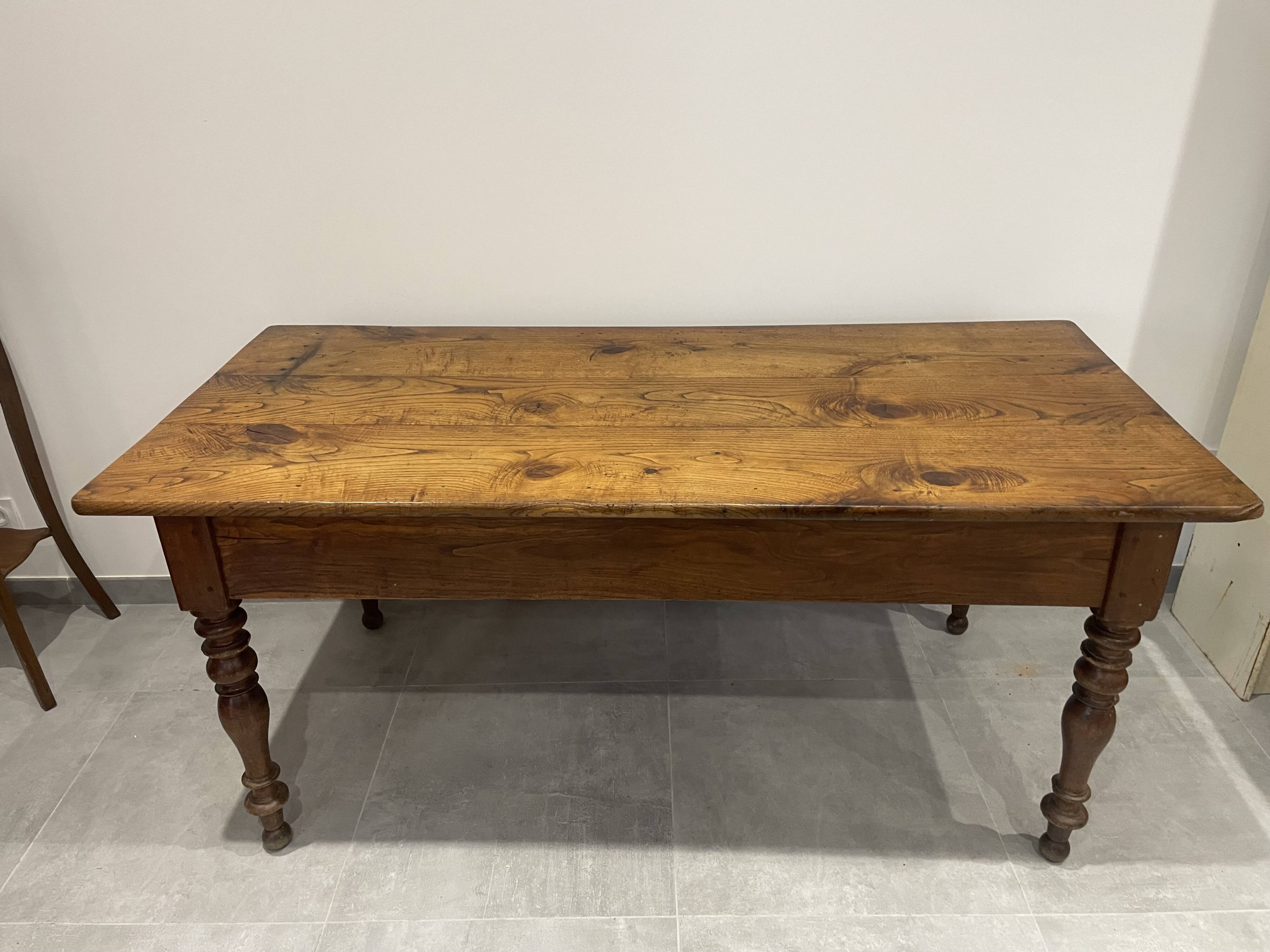 Antique natural wood farm table with 3 drawers