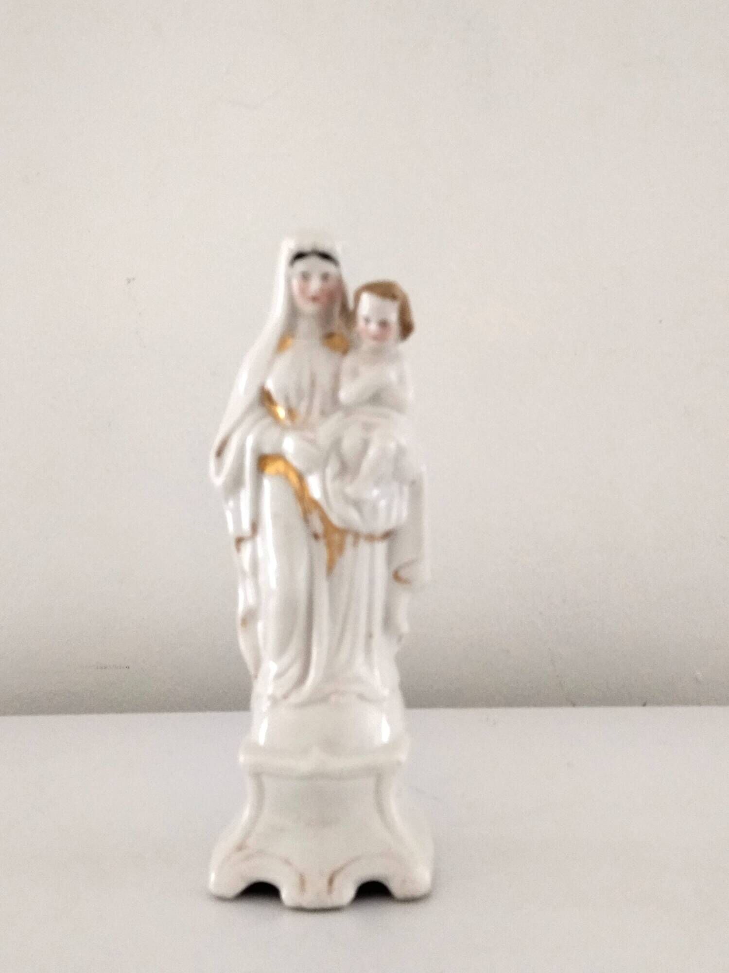 Statuette of the Virgin and Child in porcelain Old Brussels XIX and its niche