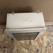 Old hanging medicine cabinet wood + opaque glass door 50's vintage