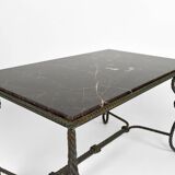 Coffee table in patinated wrought iron and black marble, circa 1940
