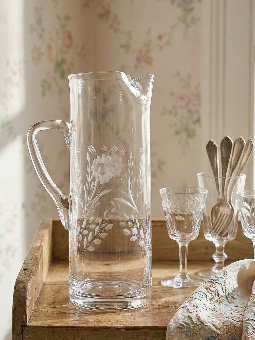 Old crystal/pulled glass pitcher engraved with floral decoration, Europe 1920-1930