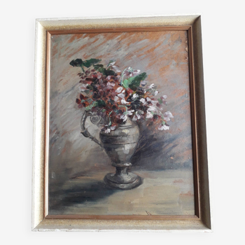 Tableau ancien à l'huile représentant un bouquet de fleurs