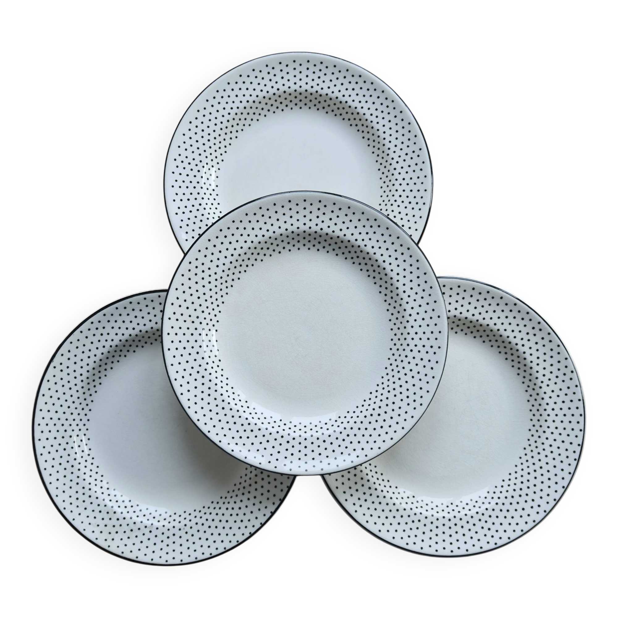 4 vintage flat plates from Gien – Black polka dot pattern
