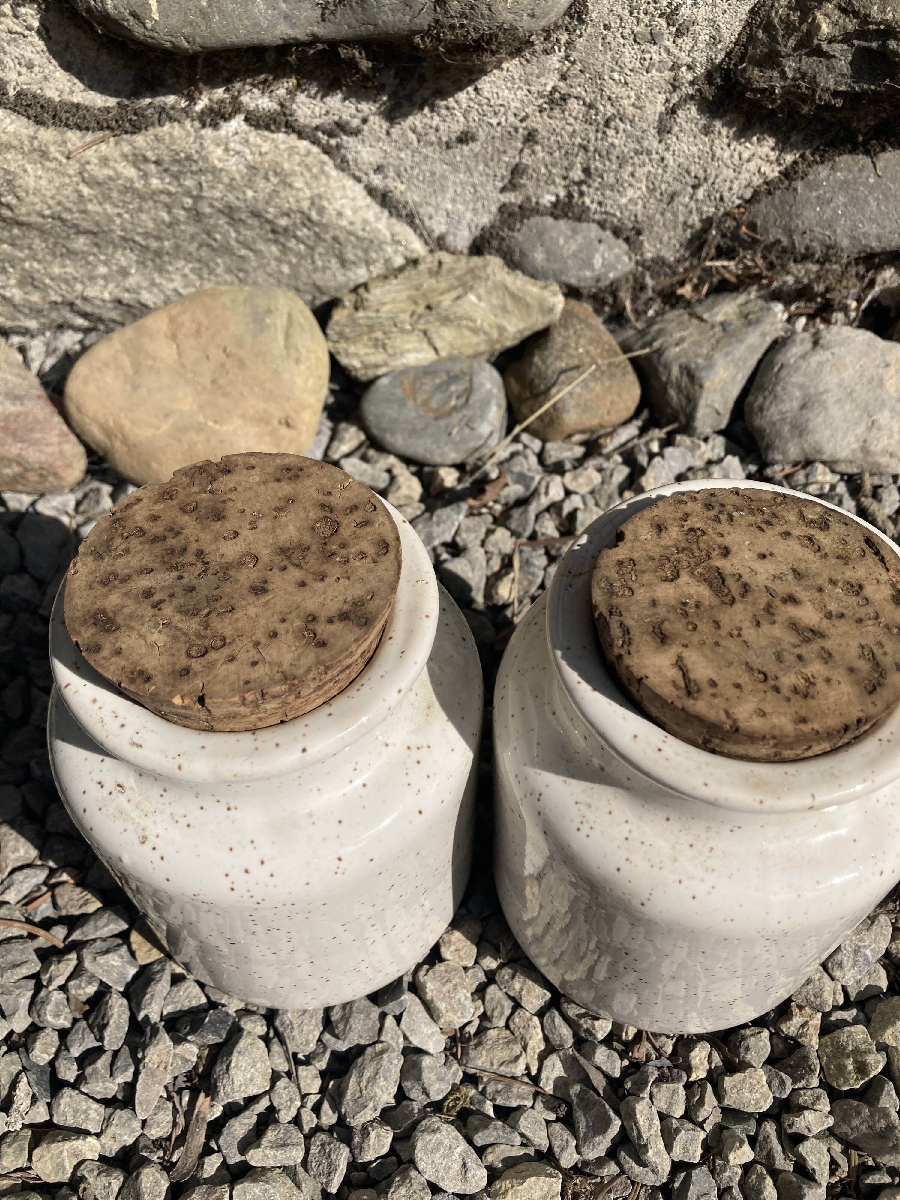 2 pots in speckled enamelled stoneware
