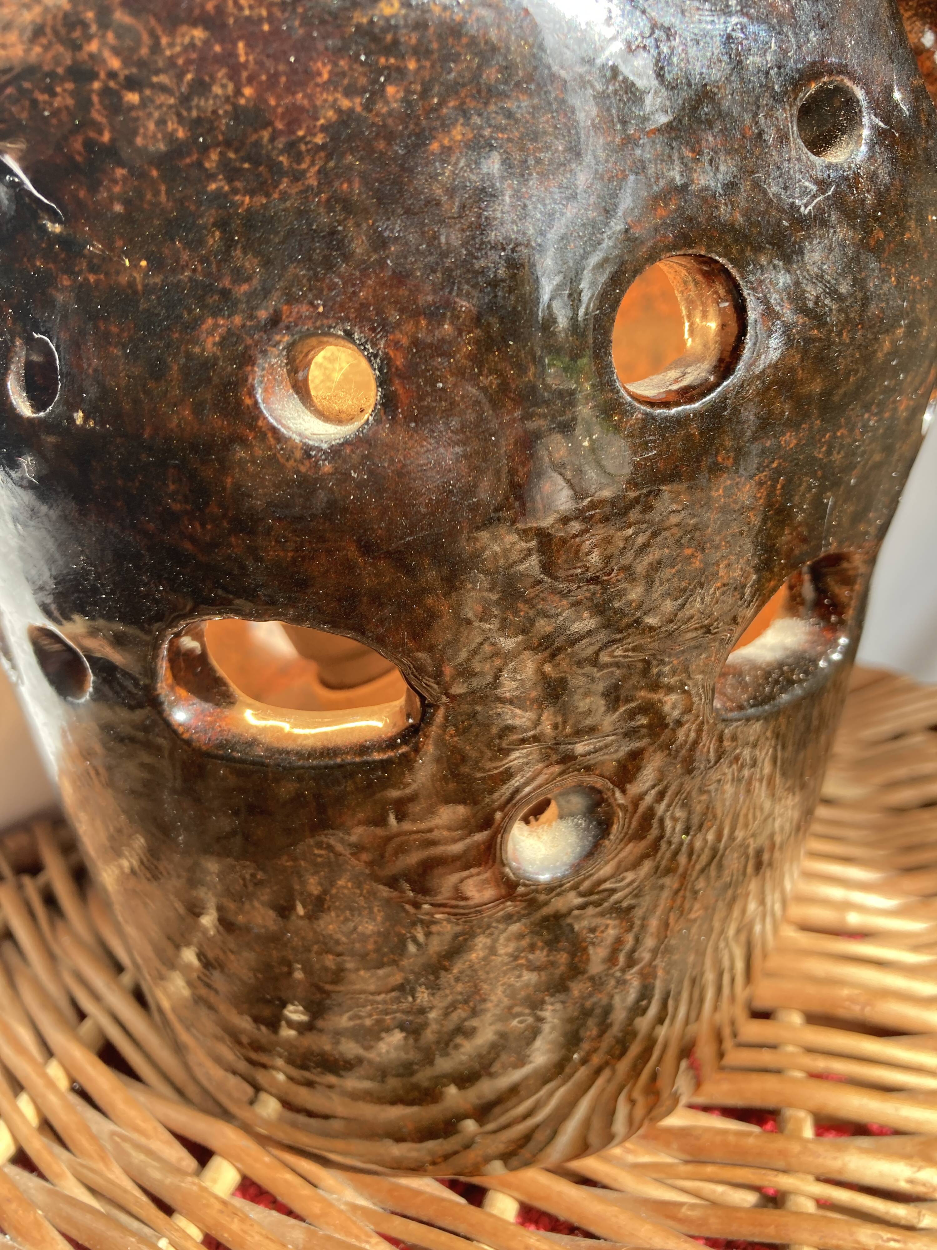 Brutalist lamp in black / brown ceramic openwork 1970