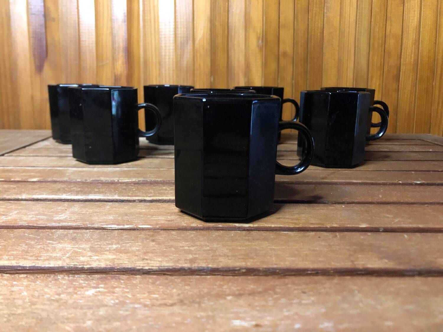 Series Of 8 ESSO Cups Black Ceramic Collection France Vintage