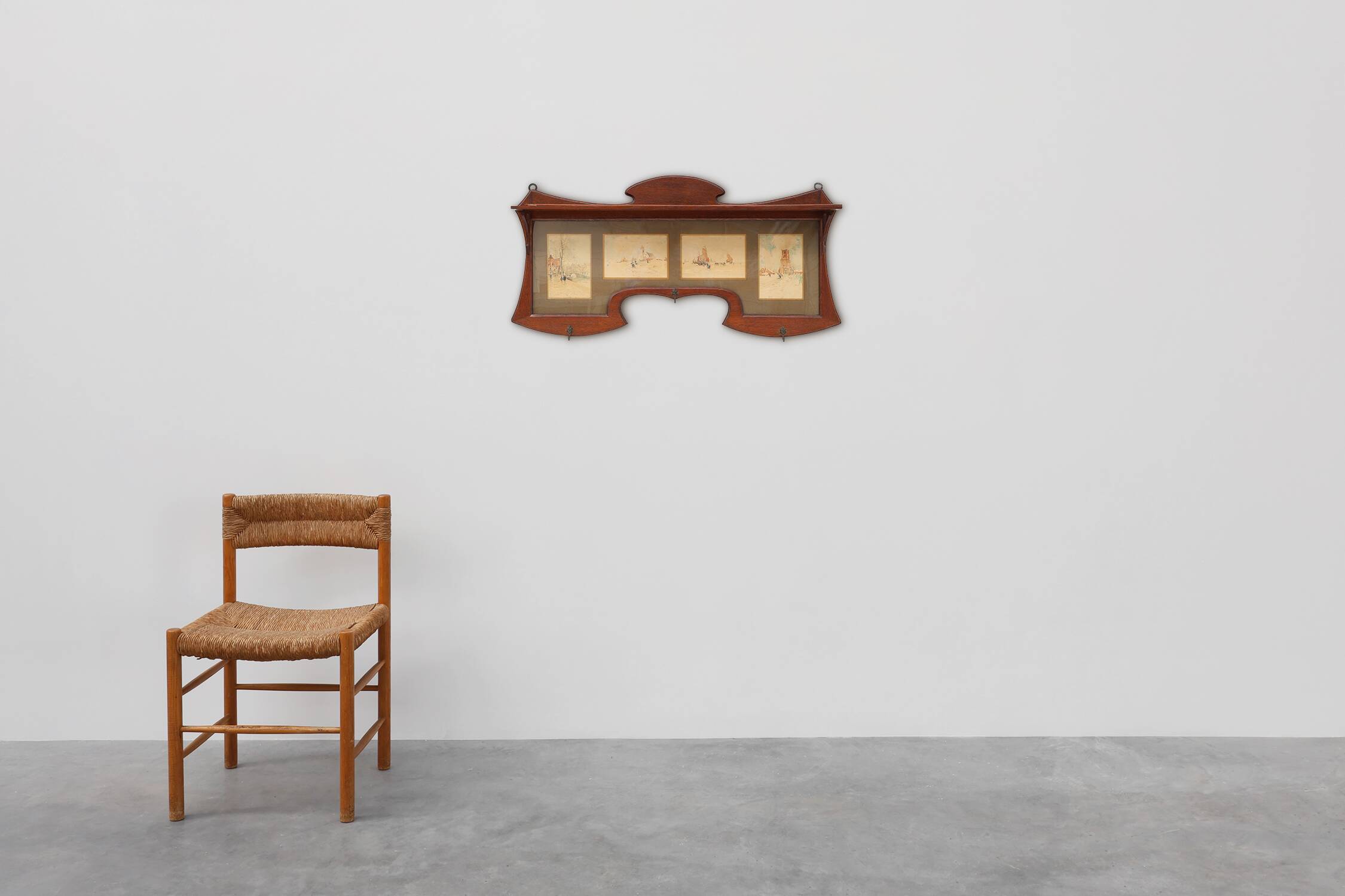 Art Nouveau Wall-Mounted Coat Rack with Framed Watercolors by Cassier, Belg