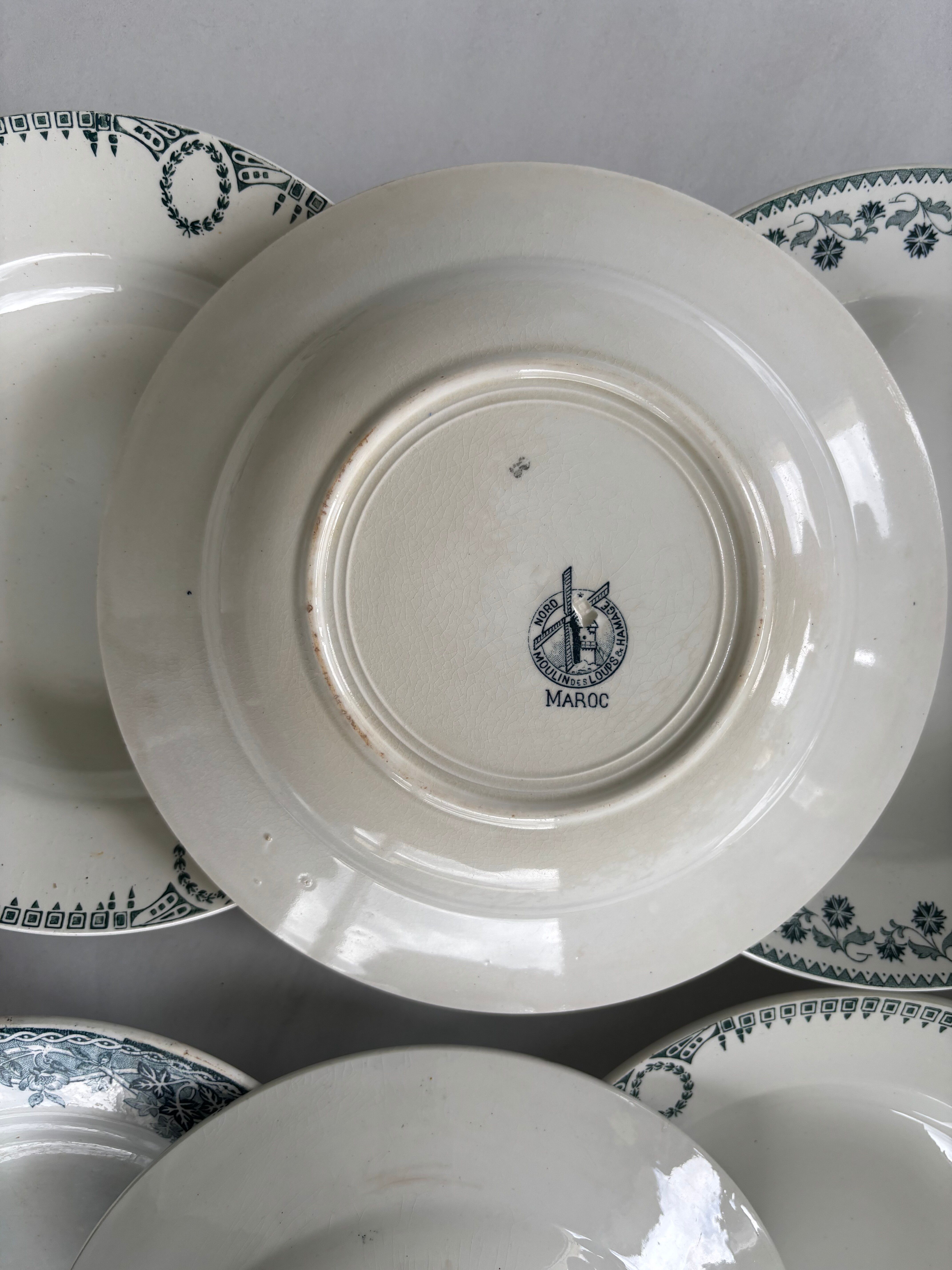 Set of 6 blue ironstone deep plates, antique French earthenware.