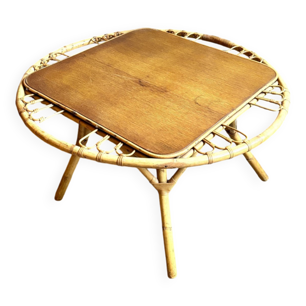Table basse en bois et rotin, années 1960