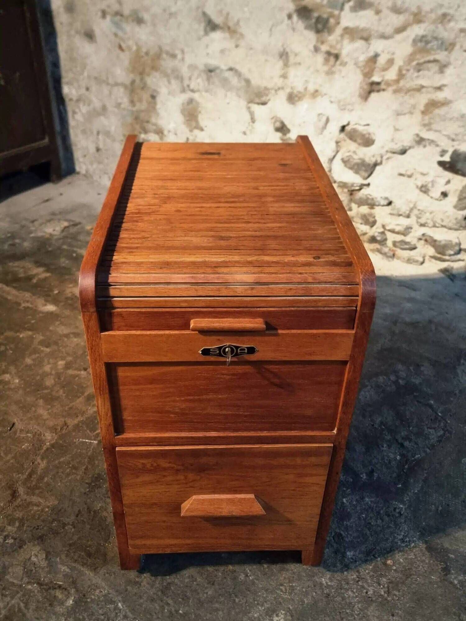 Vintage French oak office rolling cabinet with tambour door, 1950s.