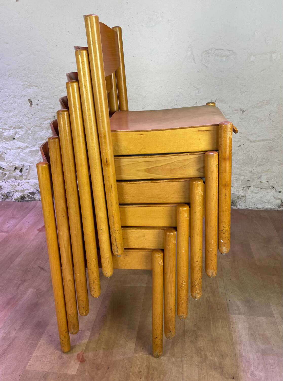 Set of 6 stackable vintage wooden chairs