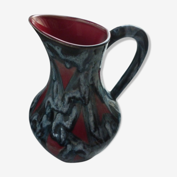 Pichet céramique vintage fond rouge coulures bleu-gris