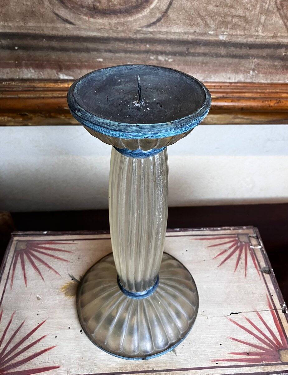 Art Deco Frosted Acrylic and Verdigris Brass Pricket Candleholder