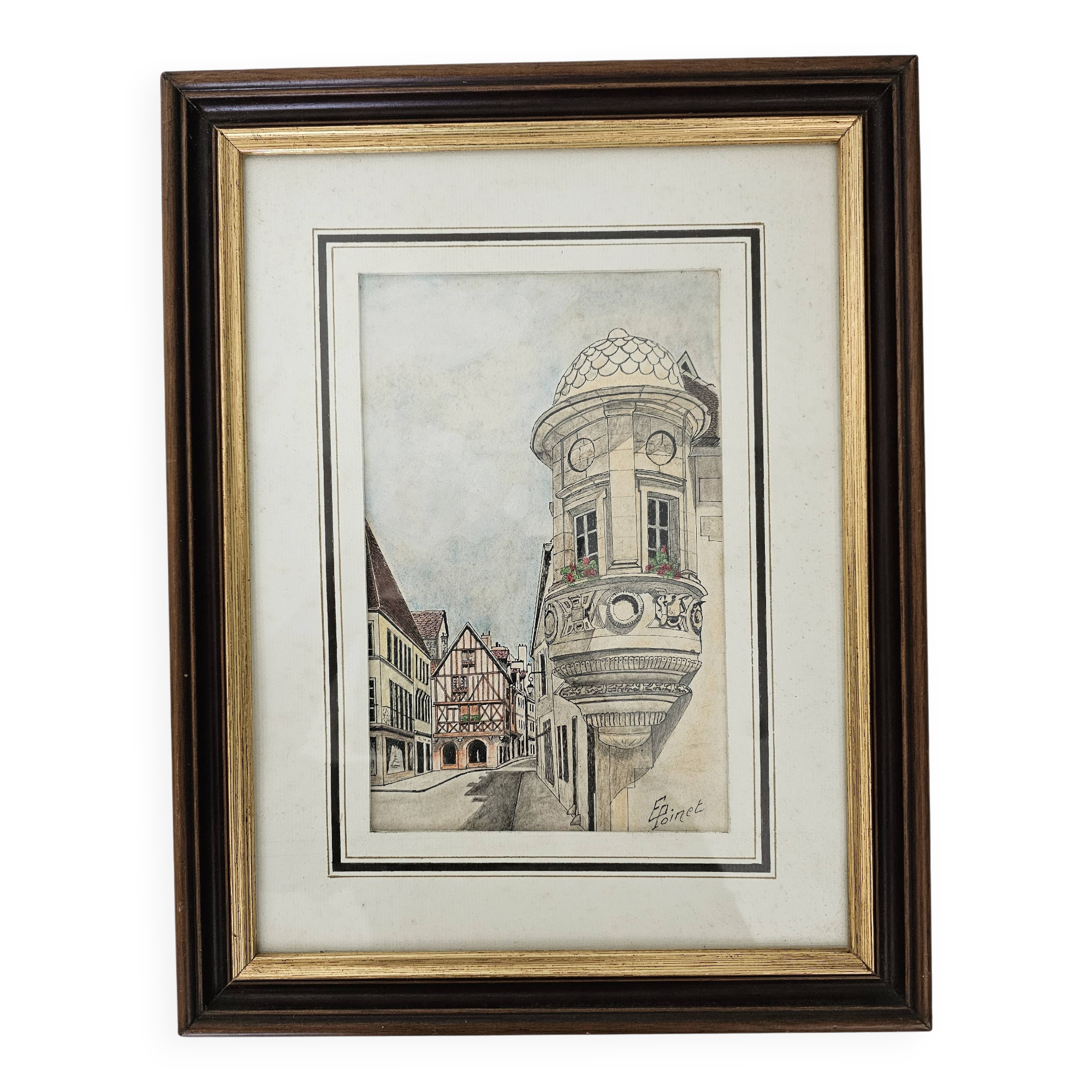 Tableau Encre de chine & pastel - Dijon Place des ducs - E Poinet