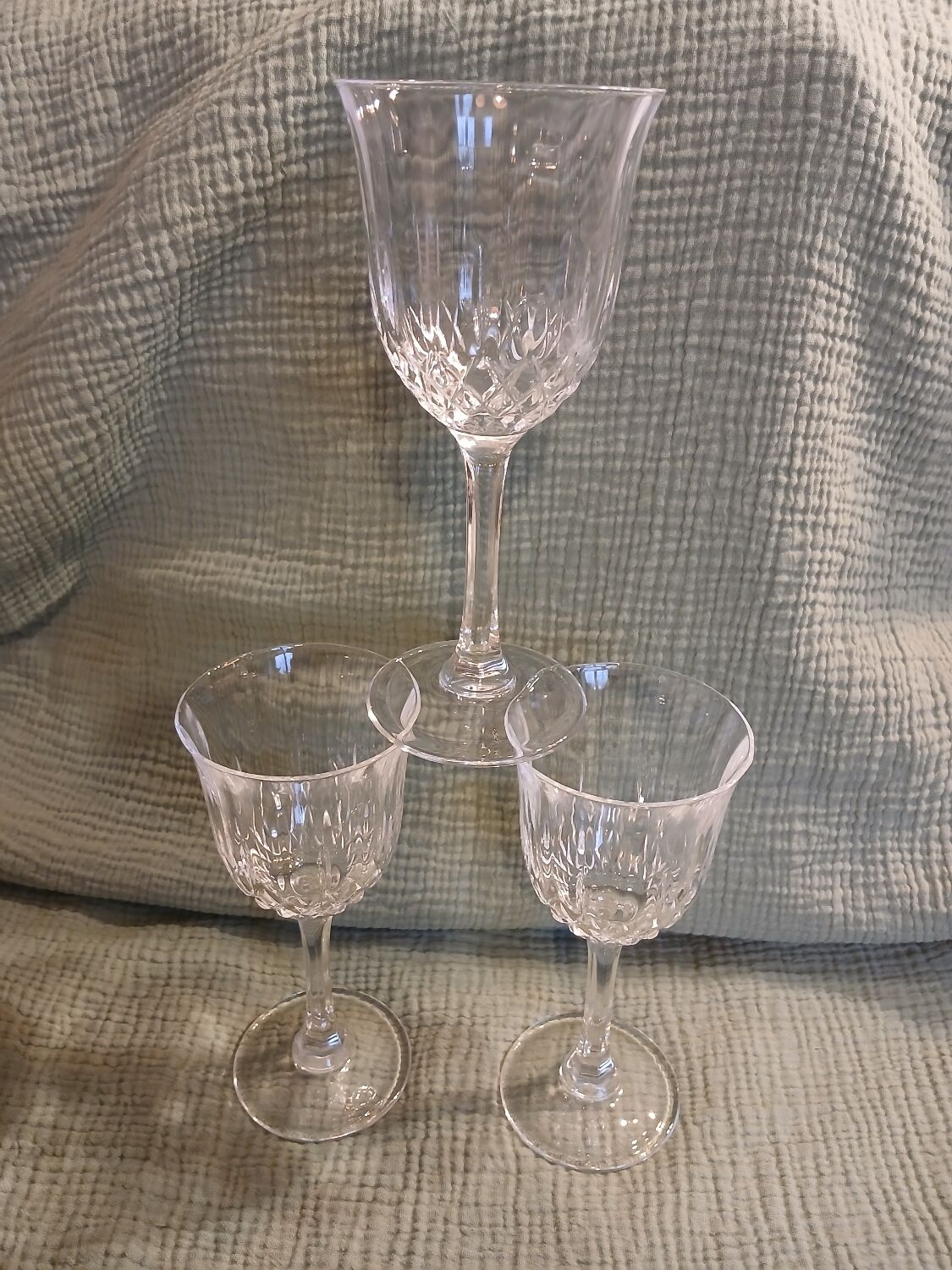 3 antique crystal stemmed glasses