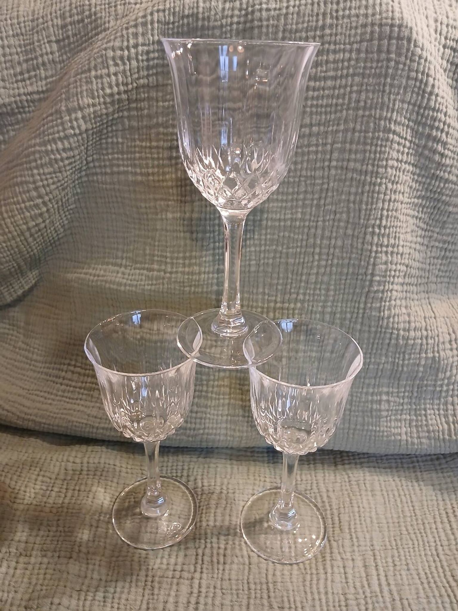 3 antique crystal stemmed glasses