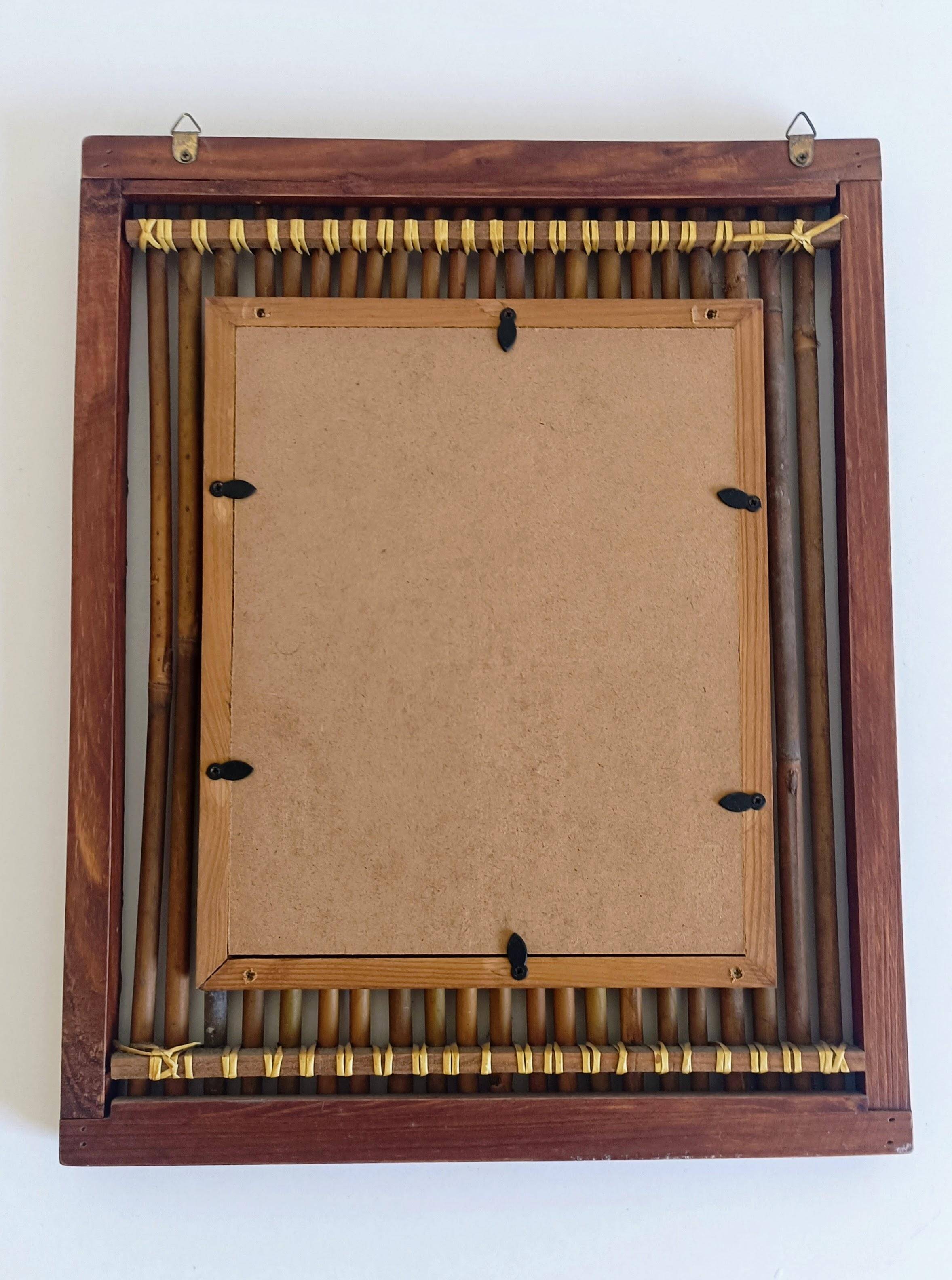 Antique French Art Deco Bamboo and Wood Wall Mirror, Early 20th Century