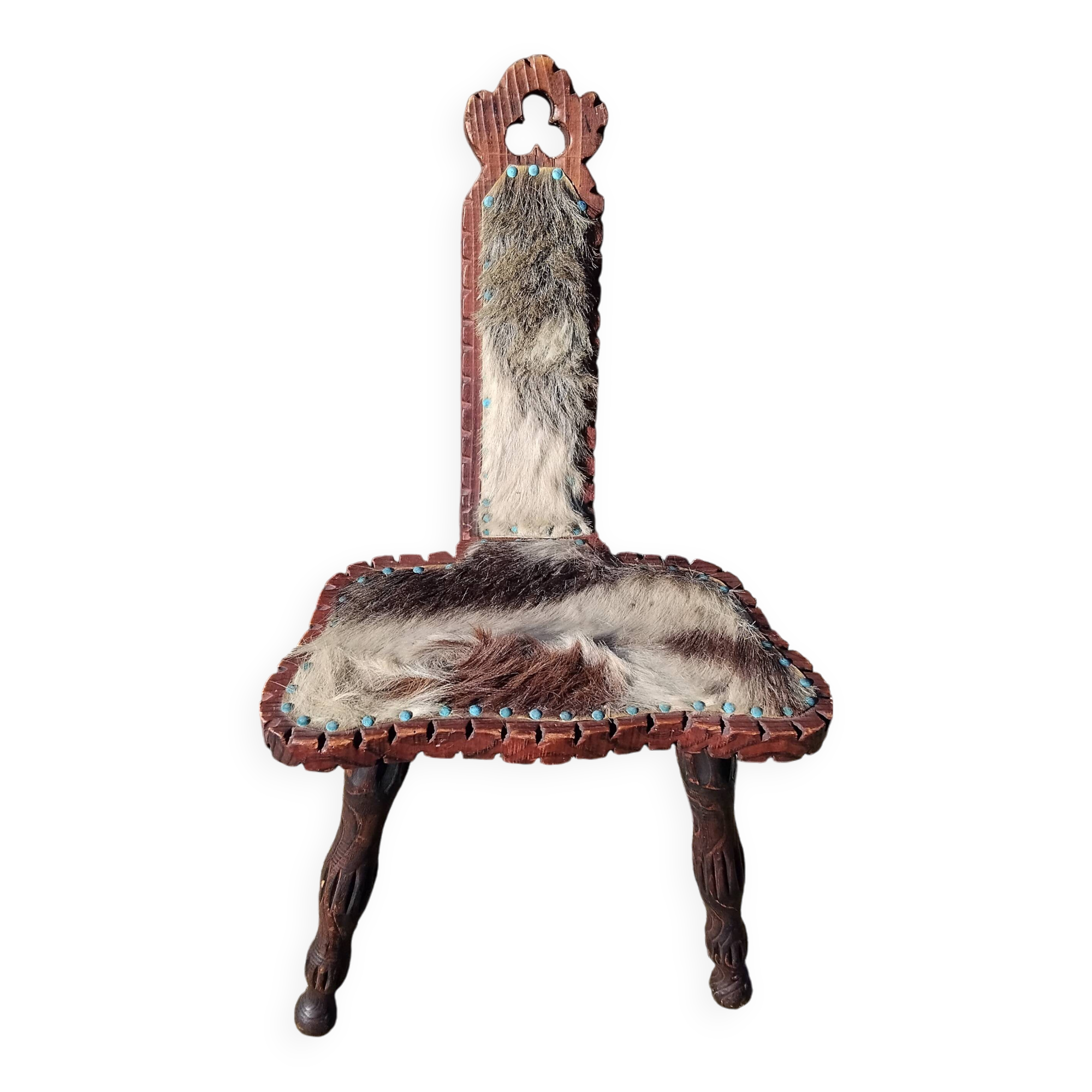 Brutalist tripod chair in wood and vintage leather