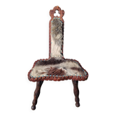 Chaise tripode brutaliste bois et peau vintage