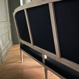 Louis XVI style bench with patina in navy fabric, 19th century