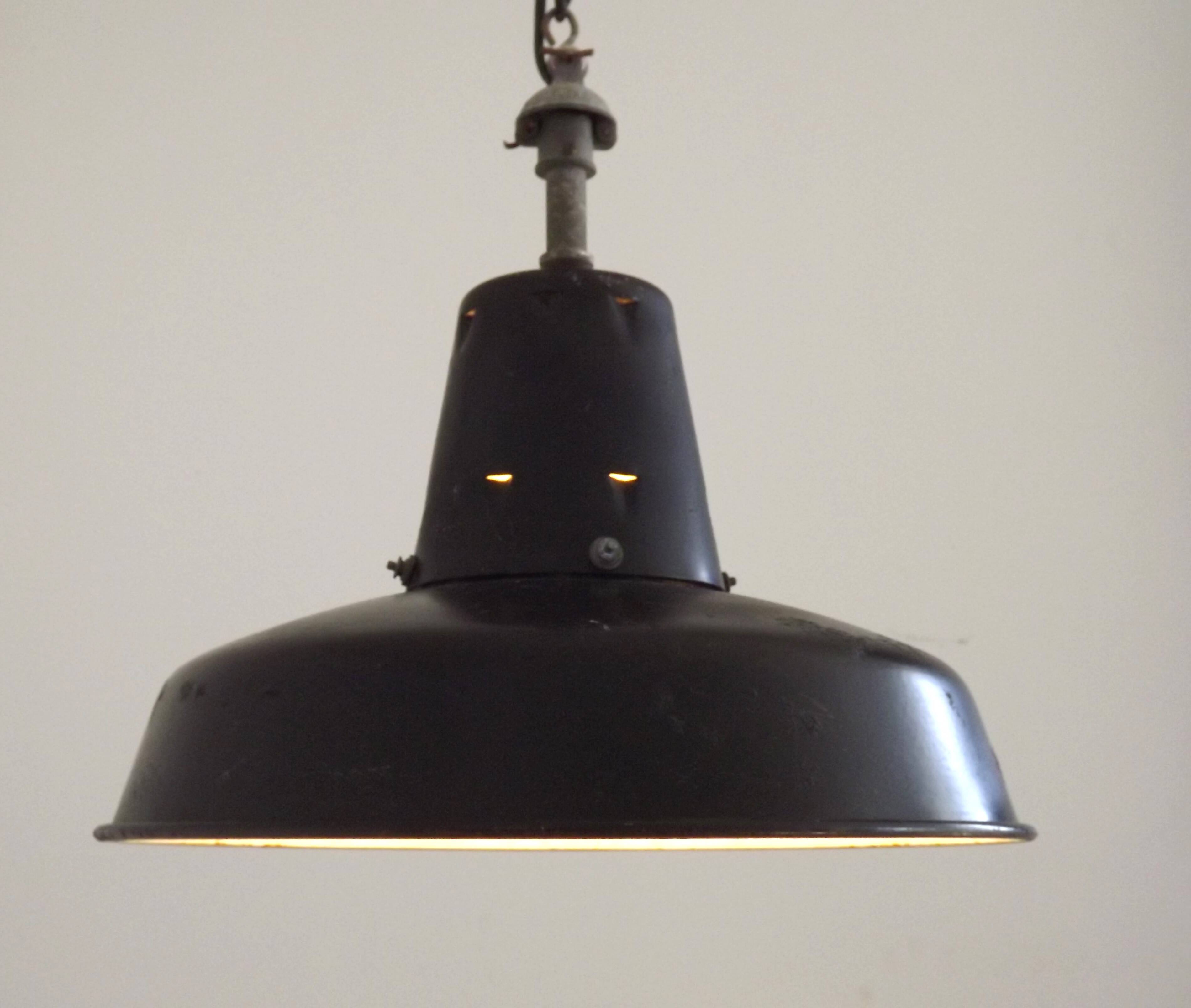 Enameled pendant workshop “reflecto-lux” hanging light, 1950s france