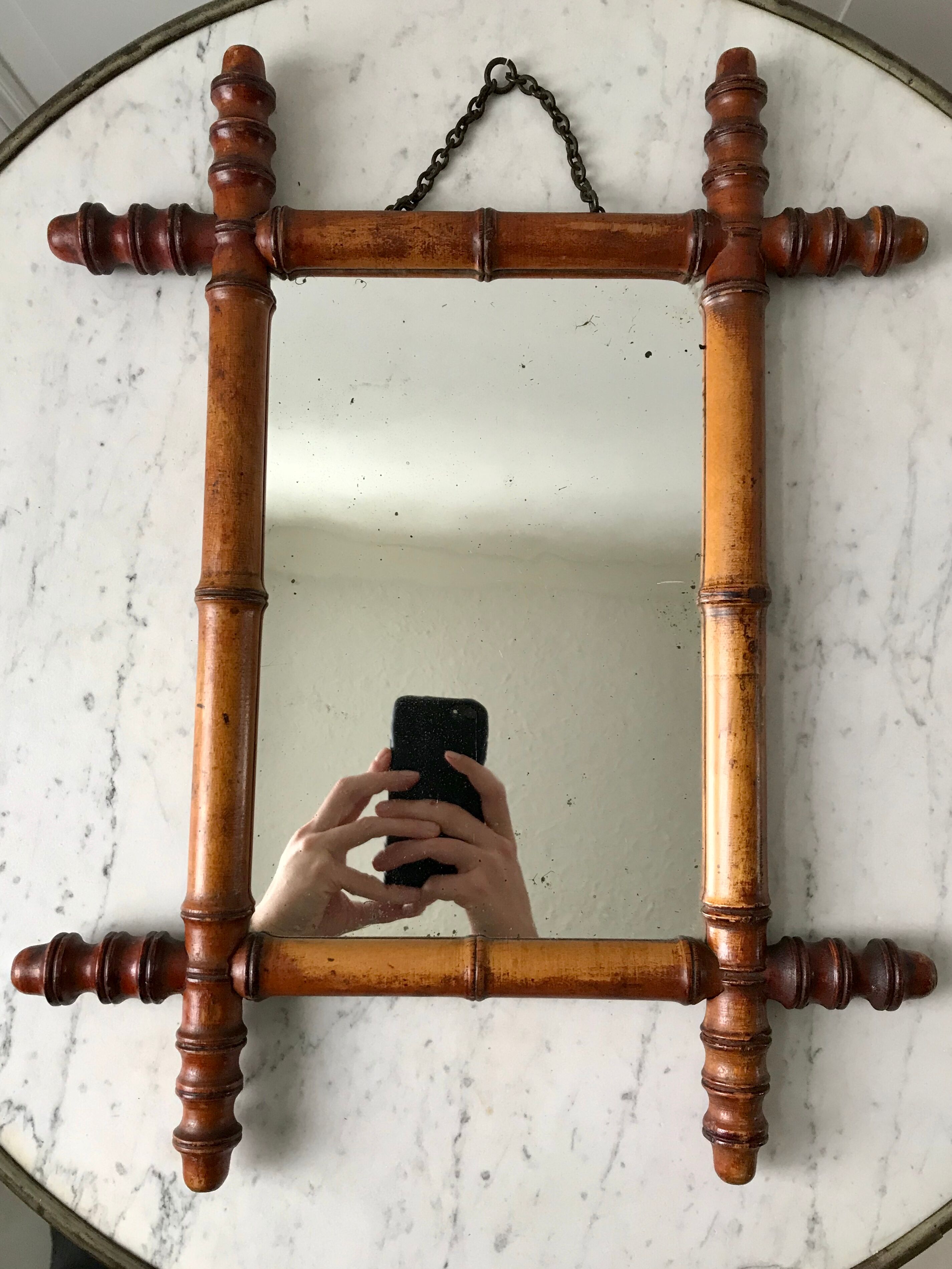 Old barber mirror in solid wood bamboo effect 30-40s