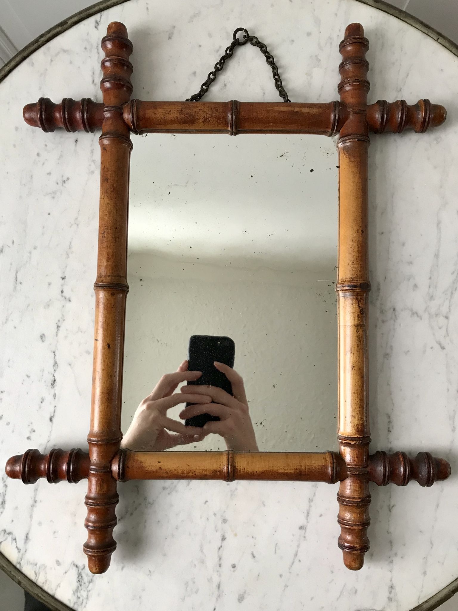 Old barber mirror in solid wood bamboo effect 30-40s