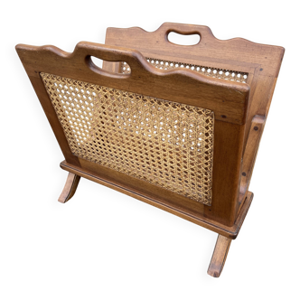 Vintage folding magazine rack in wood and wicker French newspaper rack scandinavian