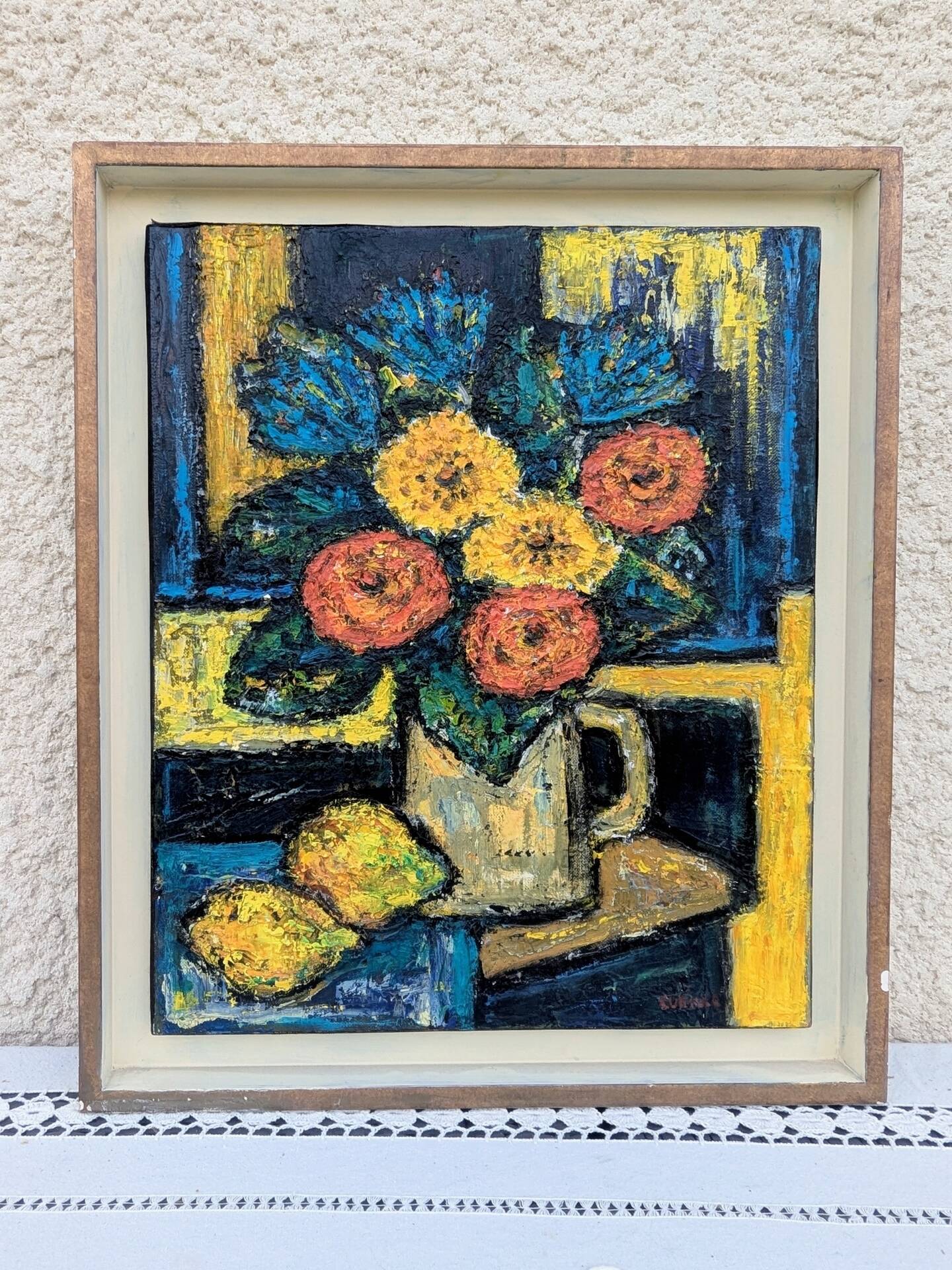 Oil painting on canvas by georges cueille (1927) still life bouquet fl
