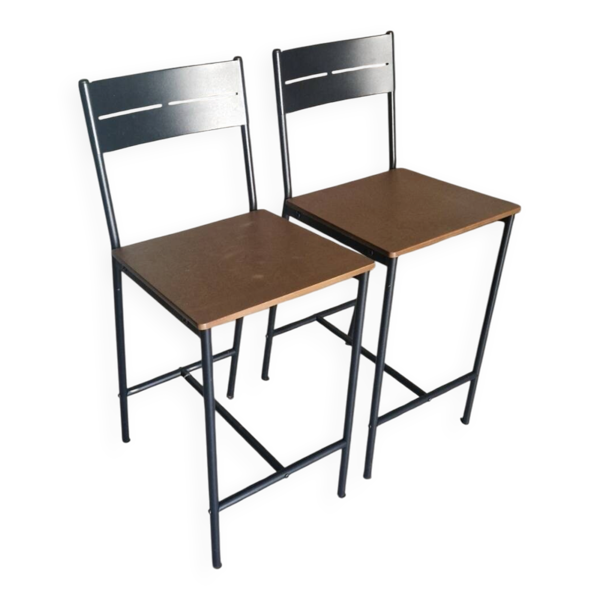 Paire de tabourets de bar design industriel - Métal noir et bois