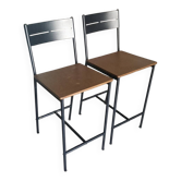 Paire de tabourets de bar design industriel - Métal noir et bois