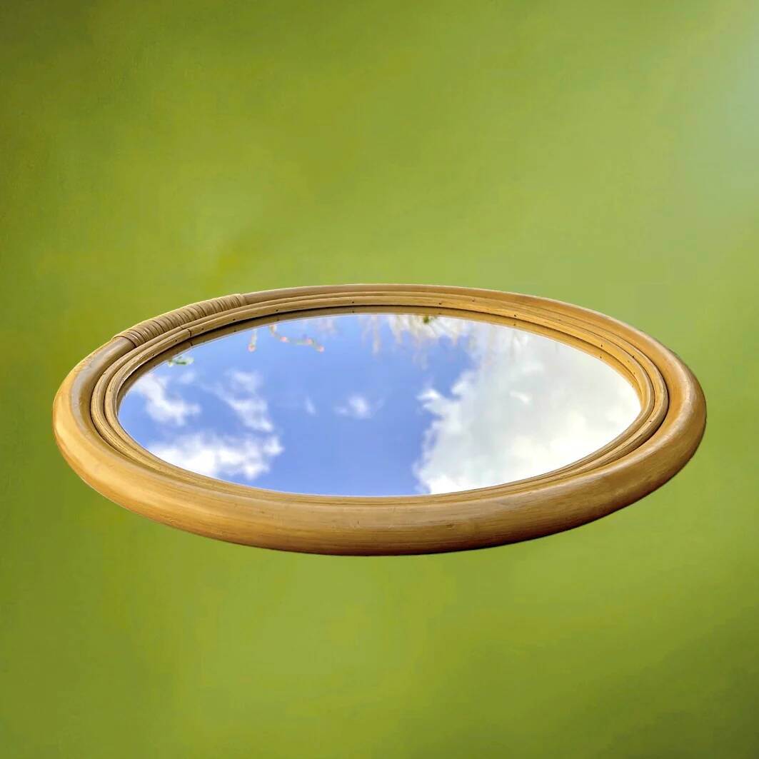 Vintage round bamboo rattan mirror 70s bohemian wall-mounted