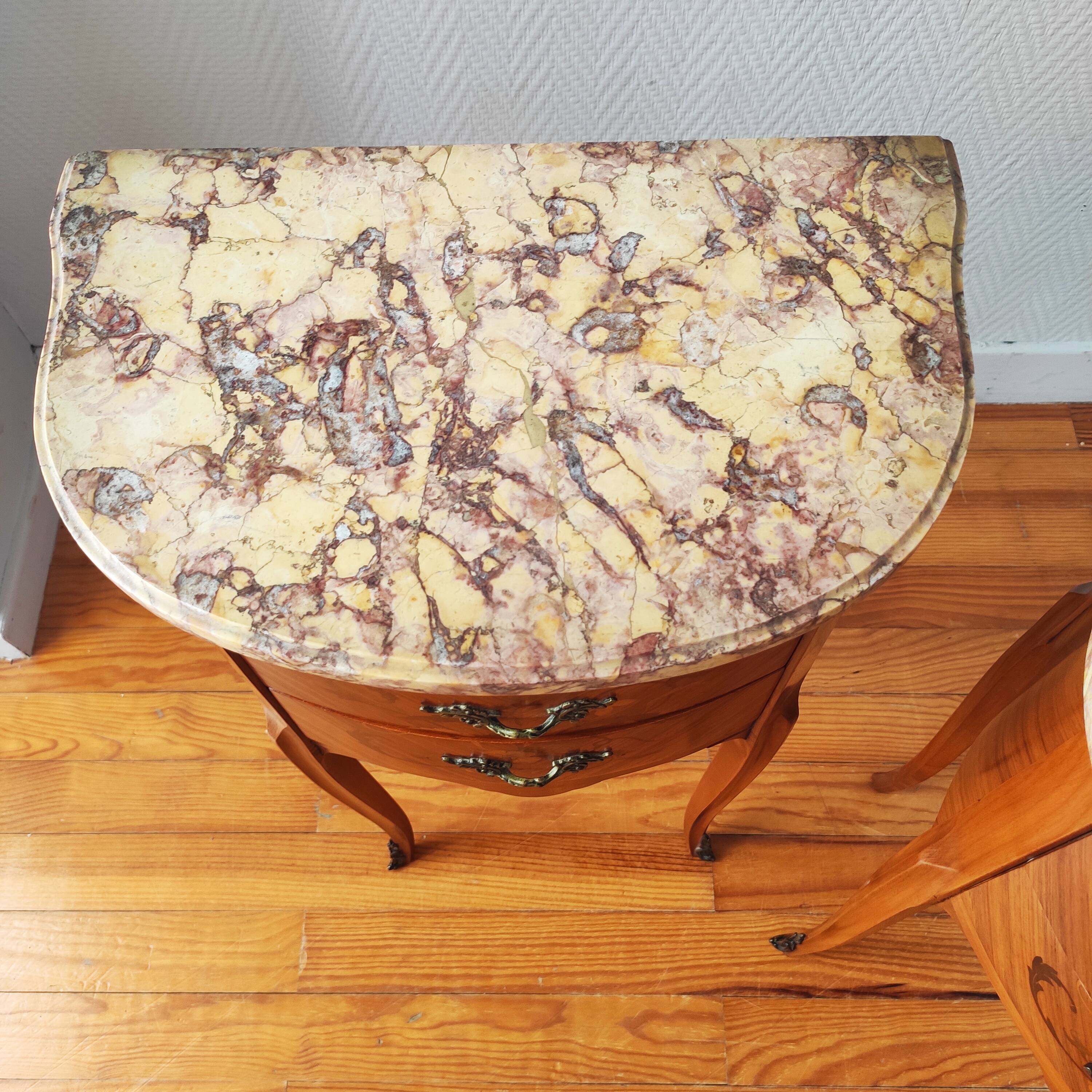 Pair of Louis XV style bedside tables in wood and marble